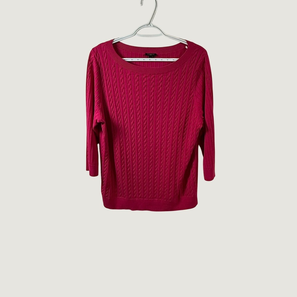 Talbots Woman Pink Cable Knit Cotton Sweater 1X 3/4 Sleeve Boat Neck Ribbed Back